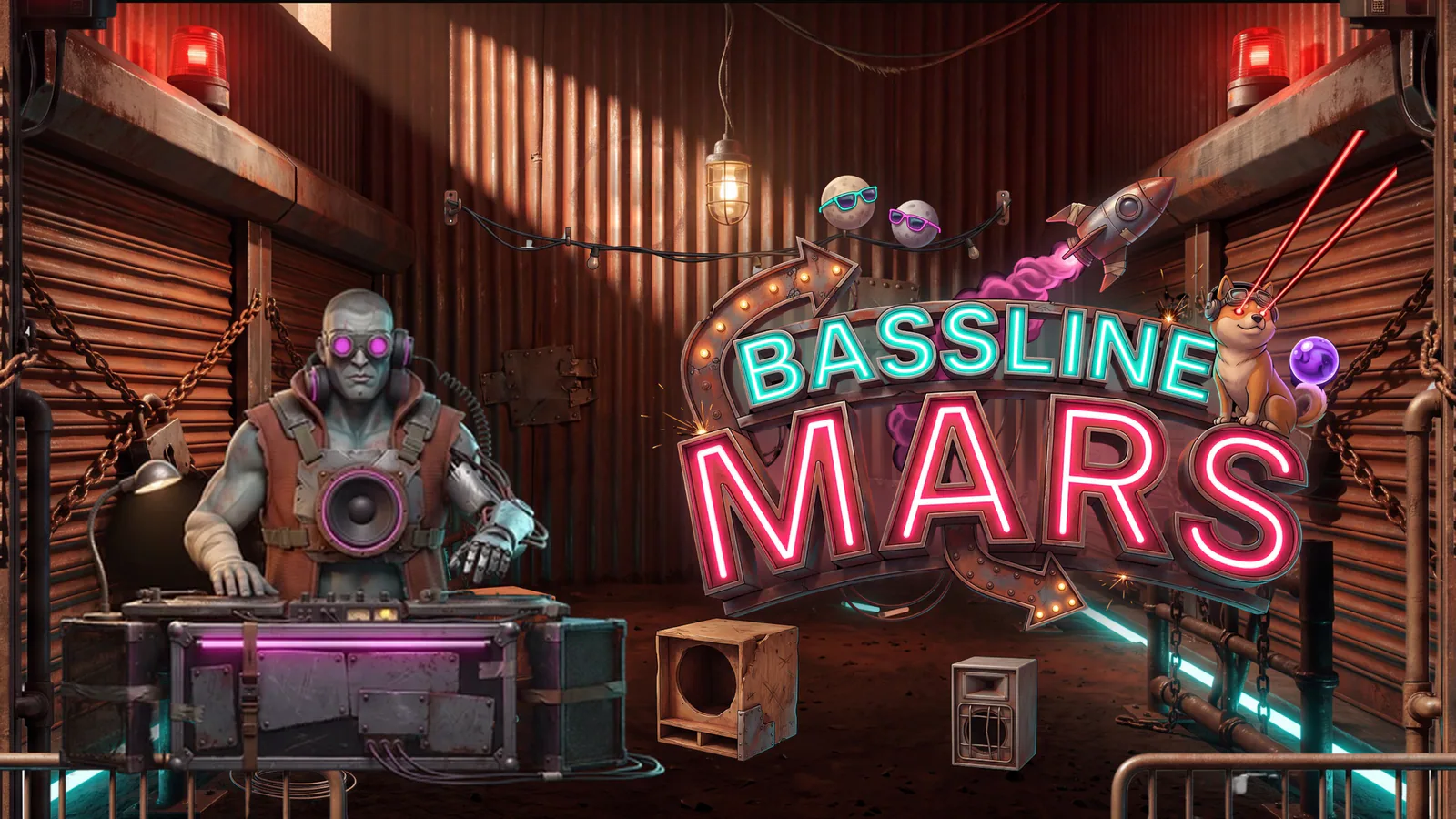 Bassline Mars key art: a robot DJ performing under laser light on Mars