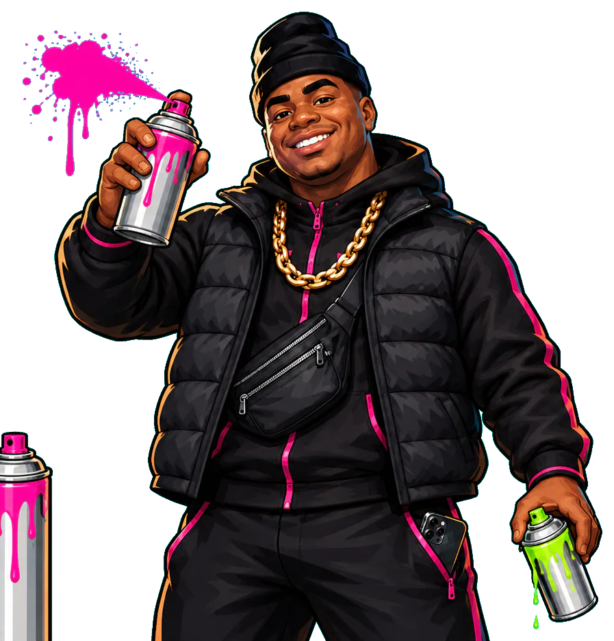 Big Dazz in a black puffer jacket and gold chain, spray can raised