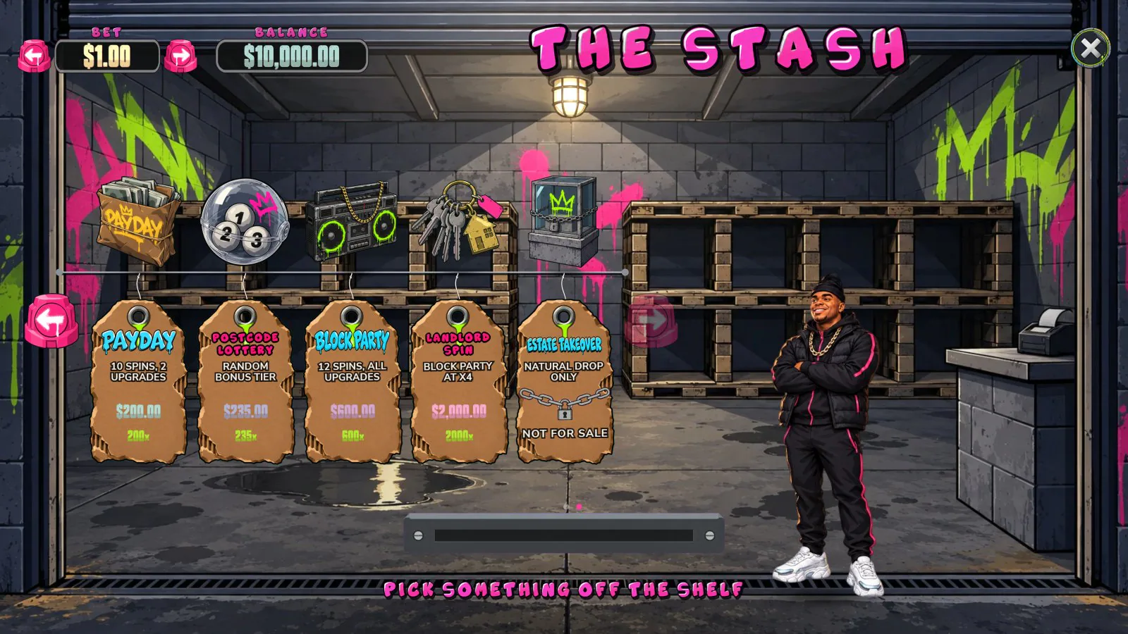 THE STASH, ROADMAN's bonus-buy room: price tags hanging on cables, Big Dazz at the counter