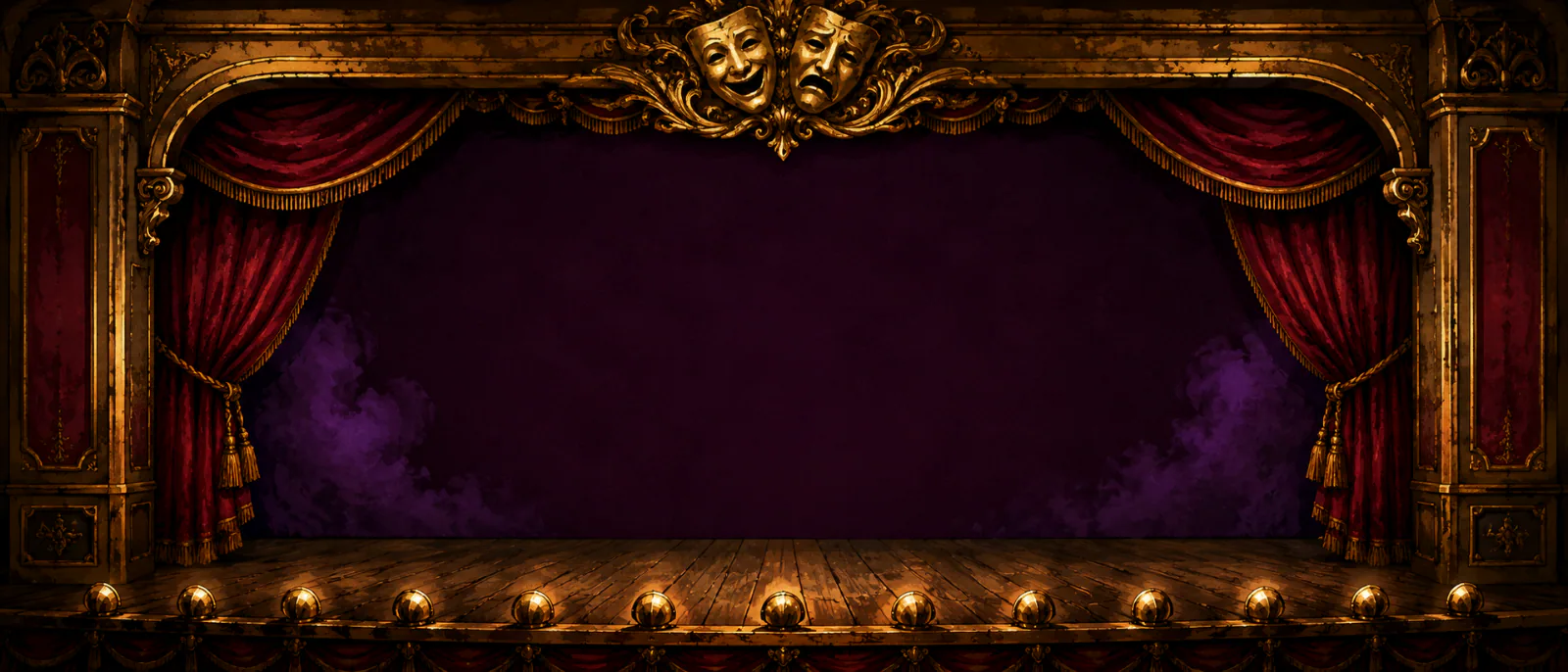 The golden theatre: gilt masks above a stage framed in crimson curtains